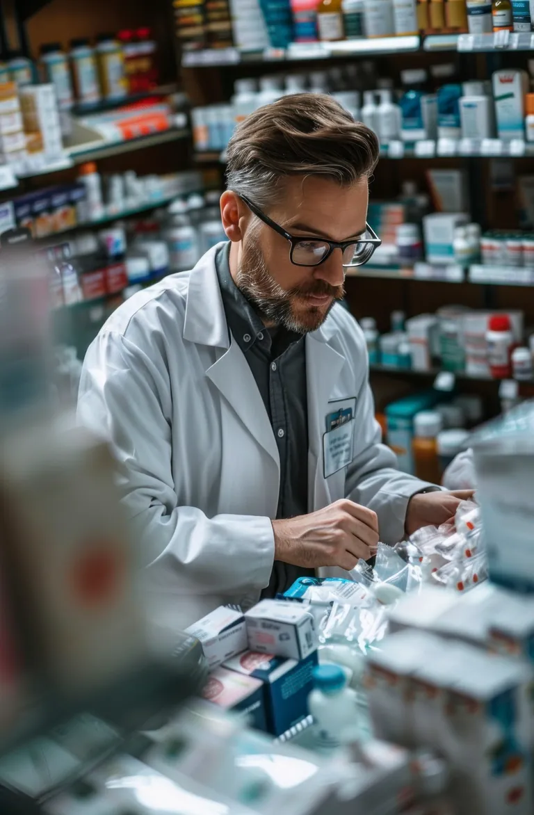 Profissional em ambiente farmacêutico controlado